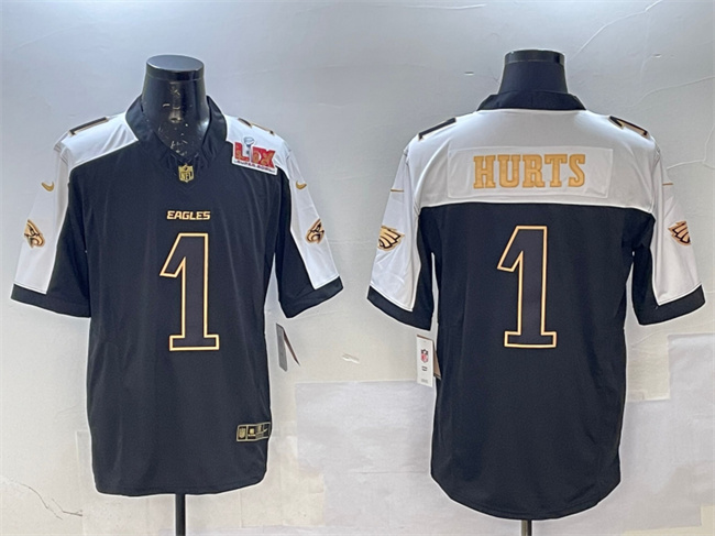Men's Black/Gold Philadelphia Eagles #1 Jalen Hurts 2025 Super Bowl LIX Patch New F.U.S.E. Vapor Untouchable Limited Stitched Football Jersey